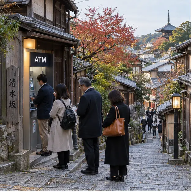 日本のATMに並ぶ人々